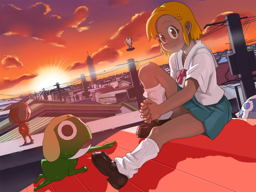 keroro_gunsou kogal loose_socks lunch_(artist) power_lines rooftop socks sunset tower