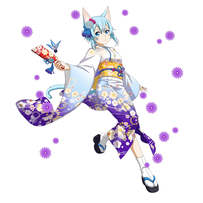 1girl animal_ears bag blue_eyes blue_hair blue_ribbon cat_ears cat_tail closed_mouth floral_print full_body gradient_kimono hair_between_eyes highres holding japanese_clothes kimono leg_up long_sleeves looking_at_viewer obi official_art print_kimono ribbon sash shiny shiny_hair short_hair_with_long_locks sidelocks sinon_(sao-alo) solo sword_art_online tabi tail transparent_background white_legwear wide_sleeves yukata