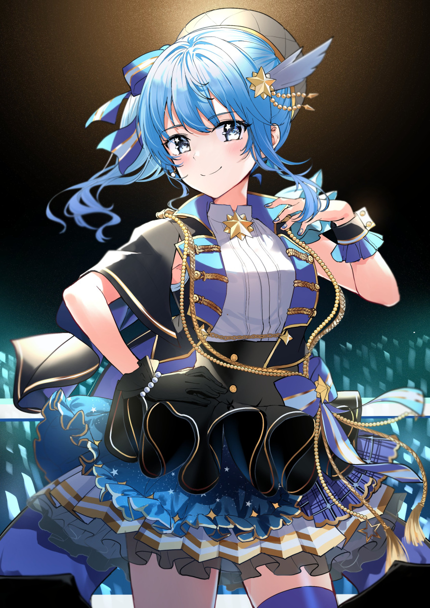 1girl absurdres bead_bracelet beads blue_eyes blue_hair blue_nails bow bracelet capelet gloves hair_ornament hand_on_hip hat highres hololive hoshimachi_suisei jewelry nonbire side_ponytail single_glove skirt smile star_(symbol) star_hair_ornament star_in_eye symbol_in_eye wrist_cuffs
