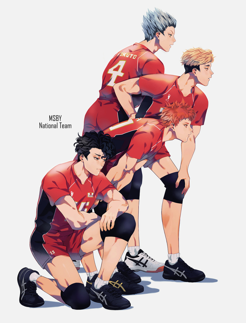 4boys bangs black_hair blonde_hair bokuto_koutarou full_body grey_hair haikyuu!! highres hinata_shouyou kneehighs leaning_forward looking_away male_focus miya_atsumu multiple_boys older orange_hair profile sakusa_kiyoomi shadow shoes simple_background single_kneehigh sneakers sportswear standing throttlee volleyball_uniform