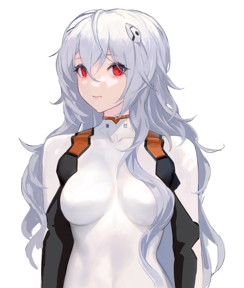 absurdres alternate_hair_length alternate_hairstyle ayanami_rei blue_hair bodysuit closed_mouth egk513 evangelion:_2.0_you_can_(not)_advance hairpods highres long_hair multicolored multicolored_bodysuit multicolored_clothes neon_genesis_evangelion rebuild_of_evangelion red_eyes upper_body white_background white_bodysuit