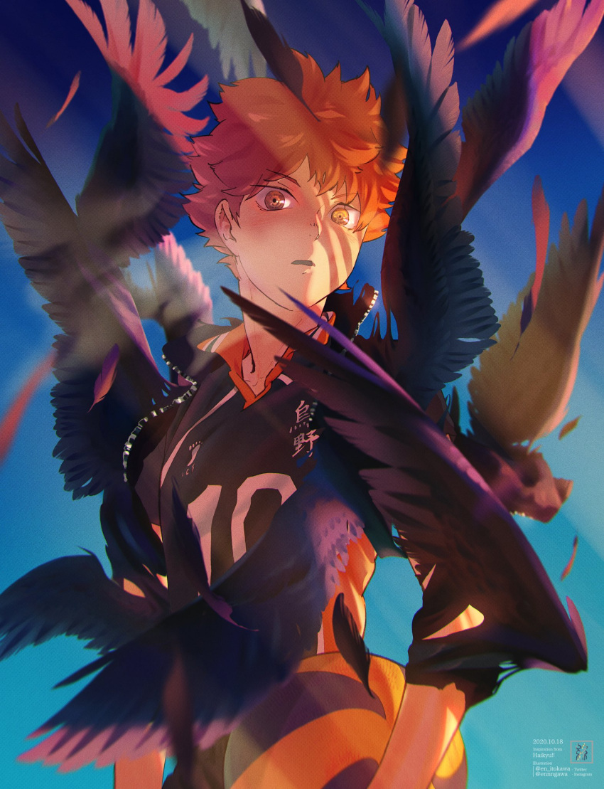 1boy ball bangs bird blue_background blush brown_eyes crow dated feathers gradient gradient_background haikyuu!! highres hinata_shouyou looking_at_viewer male_focus open_mouth orange_hair re_it0 simple_background solo sportswear twitter_username upper_body volleyball_uniform