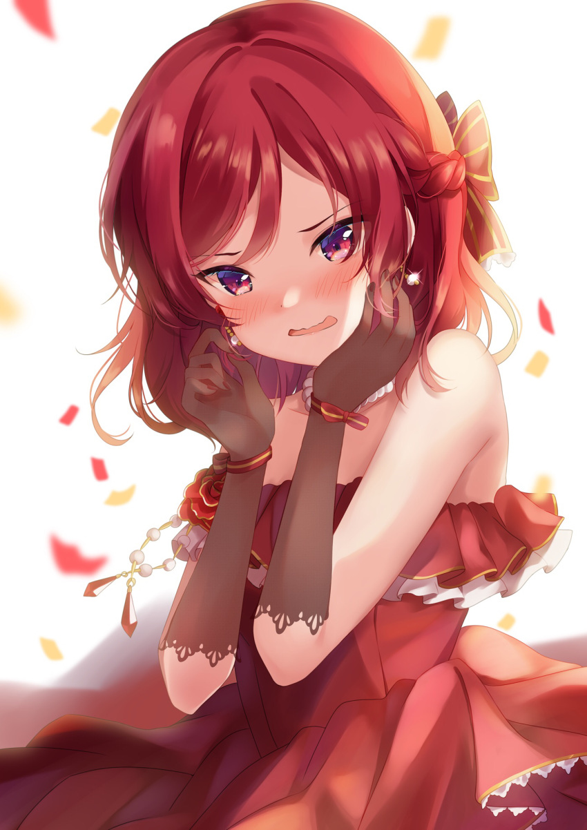 1girl bangs birthday black_gloves blush commentary_request confetti depe dress earrings elbow_gloves gloves highres jewelry looking_at_viewer love_live! love_live!_school_idol_project necklace nishikino_maki red_dress redhead short_hair sidelocks solo violet_eyes