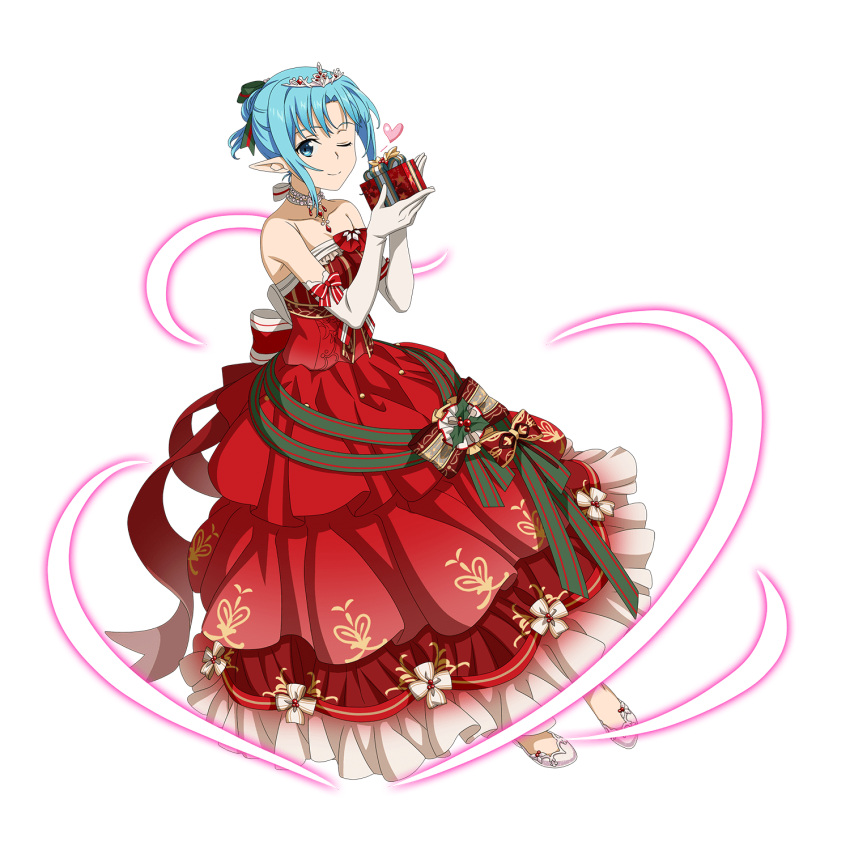 1girl ;) asuna_(sao-alo) blue_eyes blue_hair box collarbone diadem dress elbow_gloves full_body gift gift_box gloves green_ribbon highres holding holding_box layered_dress long_dress looking_at_viewer official_art one_eye_closed pointy_ears pumps red_dress ribbon shiny shiny_hair short_hair sleeveless sleeveless_dress smile solo strapless strapless_dress sword_art_online sword_art_online:_memory_defrag transparent_background white_footwear white_gloves
