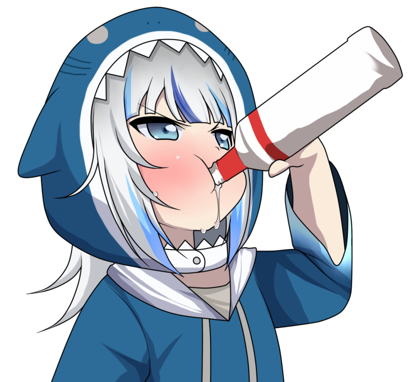 1girl :t alcohol blue_eyes blush bottle chugging derivative_work dribbling drinking gawr_gura hololive hololive_english hood hoodie long_sleeves medium_hair silver_hair simple_background solo sweatdrop vodka white_background zerorespect_bot