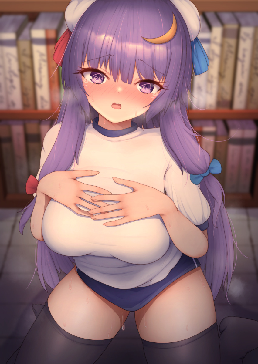 1girl @_@ bangs blue_bow blue_buruma blunt_bangs blush book bow breasts buruma crescent crescent_hair_ornament crescent_pin darumoon double_bun embarrassed flustered flying_sweatdrops full-face_blush gym_uniform hair_bow hair_ornament highres large_breasts library long_hair open_mouth patchouli_knowledge purple_hair red_bow red_ribbon ribbon solo sweatdrop touhou very_long_hair violet_eyes wavy_mouth