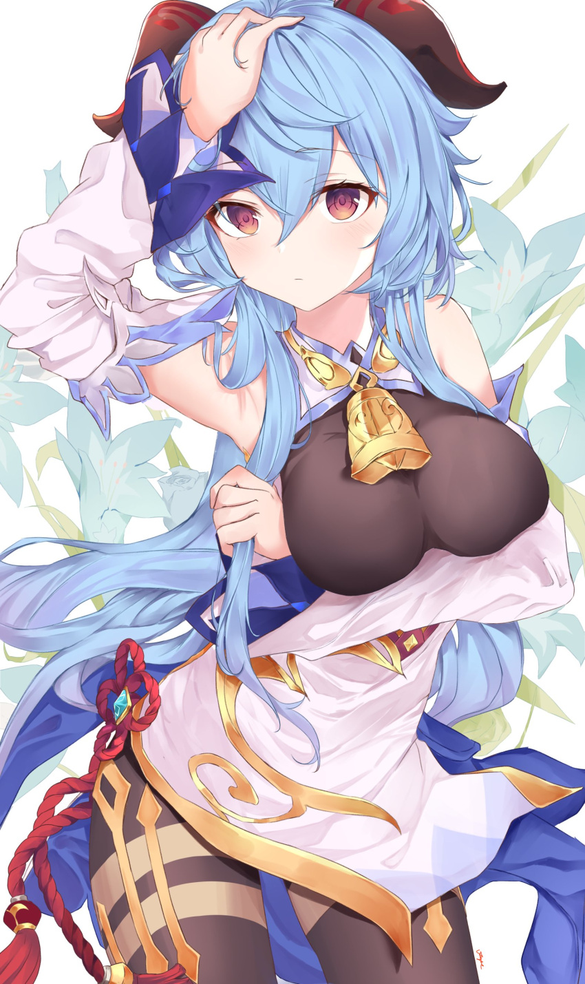 1girl absurdres arm_up bell black_bodysuit blue_hair bodysuit breasts cowbell detached_sleeves floral_background ganyu_(genshin_impact) genshin_impact goat_horns hair_between_eyes highres horns large_breasts long_hair looking_at_viewer red_eyes simple_background solo vayneeeee white_background