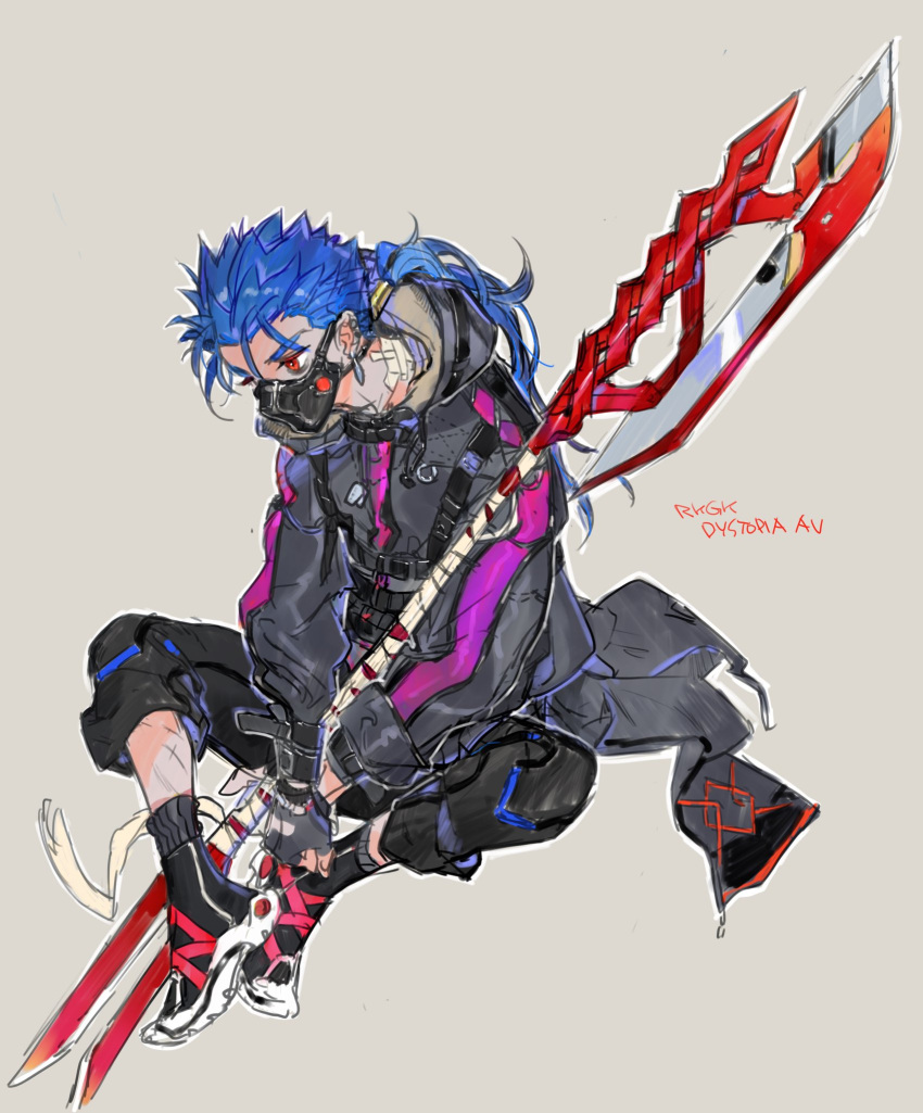 1boy alternate_costume alternate_weapon beads blue_hair cu_chulainn_(fate)_(all) cu_chulainn_(fate/stay_night) dog_tags earrings fate/stay_night fate_(series) fingerless_gloves full_body g0ringo gloves grey_background hair_beads hair_ornament highres hood hood_down hoodie jewelry long_hair male_focus mask mouth_mask muzzle pants polearm ponytail red_eyes sandals simple_background sitting sketch socks solo spiky_hair strap weapon