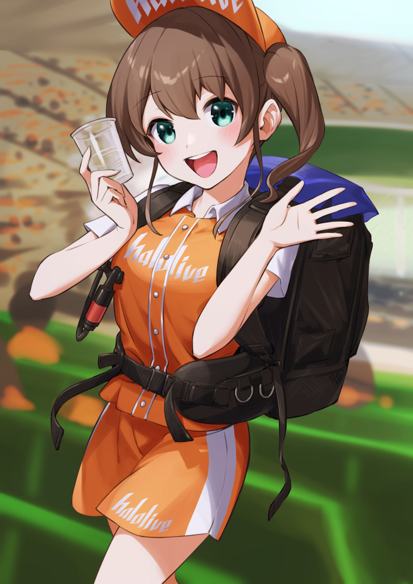 1girl :d absurdres back bangs baseball_cap blue_eyes blush brown_hair clothes_writing collared_shirt commentary_request cowboy_shot cup eyebrows_visible_through_hair hands_up hat highres holding holding_cup hololive looking_at_viewer medium_hair natsuiro_matsuri nemoto_yuuma orange_headwear orange_shirt orange_shorts shirt short_sleeves shorts side_ponytail smile solo_focus standing virtual_youtuber