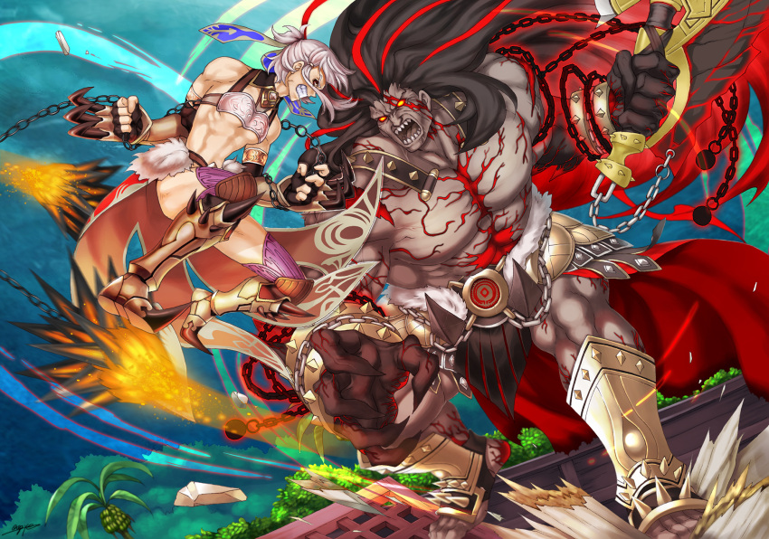 1boy 1girl angry armor armored_boots berserker_rage black_hair black_sclera boots breastplate breasts chain claw_(weapon) clenched_hand clenched_teeth colored_sclera detached_collar elbow_gloves fate/grand_order fate_(series) fighting fingerless_gloves flail flying fur gloves glowing glowing_eyes greaves heracles_(fate) highres long_hair looking_at_another muscular muscular_female muscular_male open_mouth outdoors palm_tree penthesilea_(fate) ponytail sharp_teeth shirtless short_hair sidelocks signature sloth_g_ya spikes studded_bracelet teeth thigh-highs tree under_boob weapon white_hair