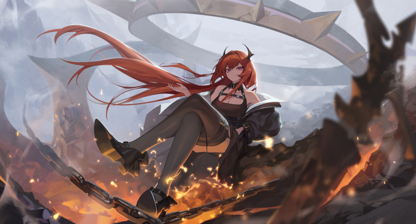 arknights chain collar demon_girl demon_horns dress duplicate floating_hair high_heels highres horns jacket long_hair looking_at_viewer redhead sitting spiked_collar spikes ssangbong-llama surtr_(arknights) thigh-highs violet_eyes