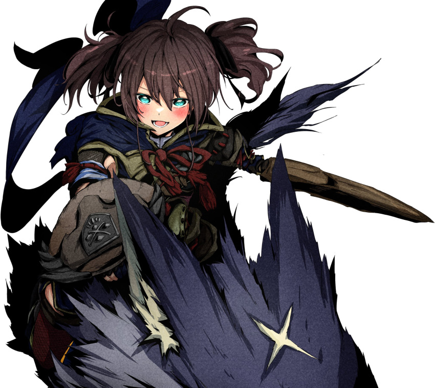 1girl :d ahoge animal aoi_rt0 armor bangs blue_cape blue_eyes blush brown_hair buckler canyne cape dog eyebrows_visible_through_hair full_body gloves hair_between_eyes highres holding holding_sword holding_weapon hololive japanese_clothes kamura_(armor) long_sleeves looking_at_viewer lower_teeth monster_hunter_(series) monster_hunter_rise natsuiro_matsuri open_mouth outstretched_arm red_ribbon ribbon shield short_hair sidelocks simple_background smile solo_focus sword tassel thigh-highs virtual_youtuber weapon white_background