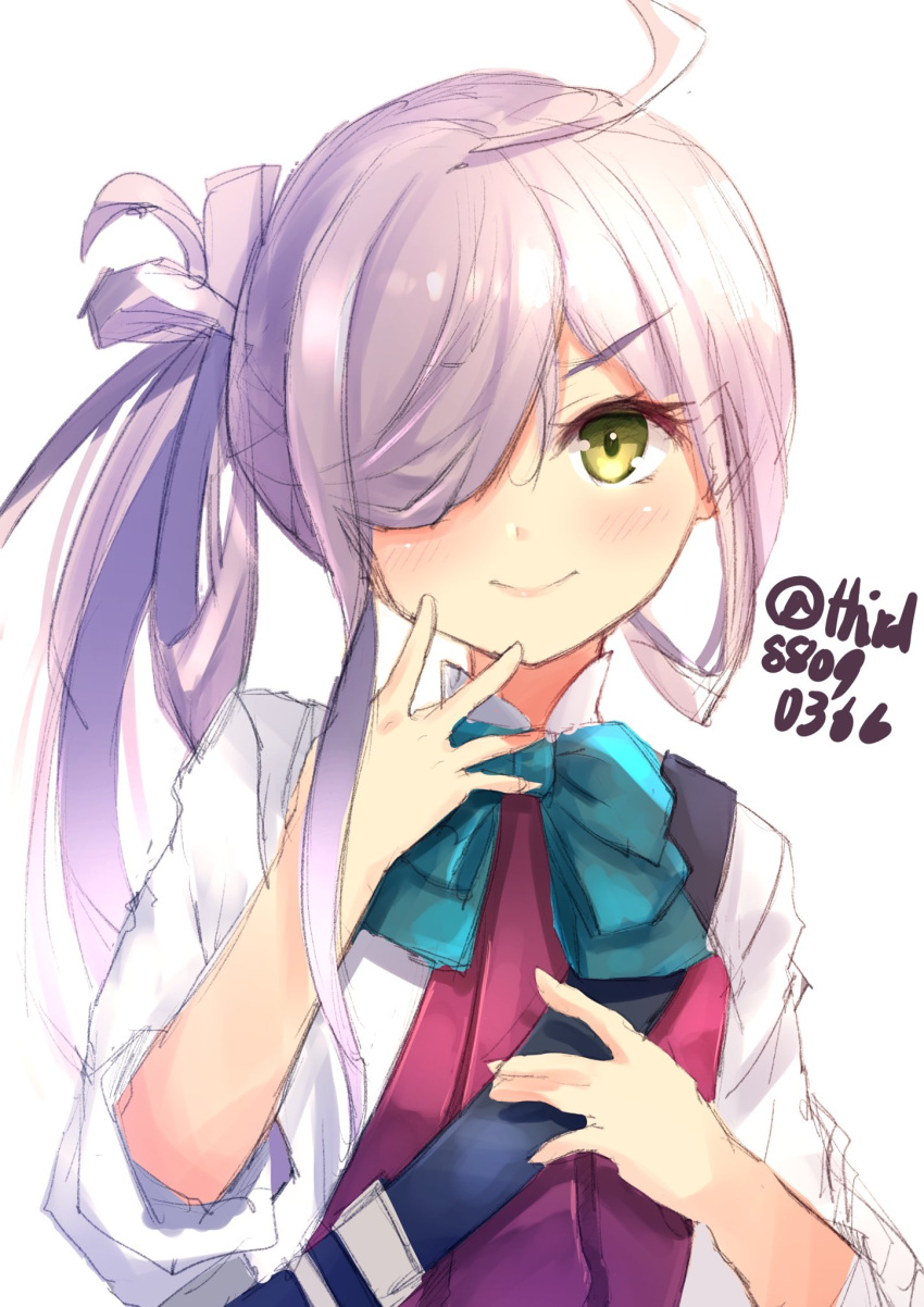 1girl ahoge asashimo_(kancolle) bow bowtie chest_strap commentary_request dress gradient_hair green_eyes hair_over_one_eye halterneck highres kantai_collection long_hair multicolored_hair o-sirius ponytail purple_dress school_uniform shirt silver_hair simple_background sleeves_rolled_up smile solo upper_body white_background white_shirt