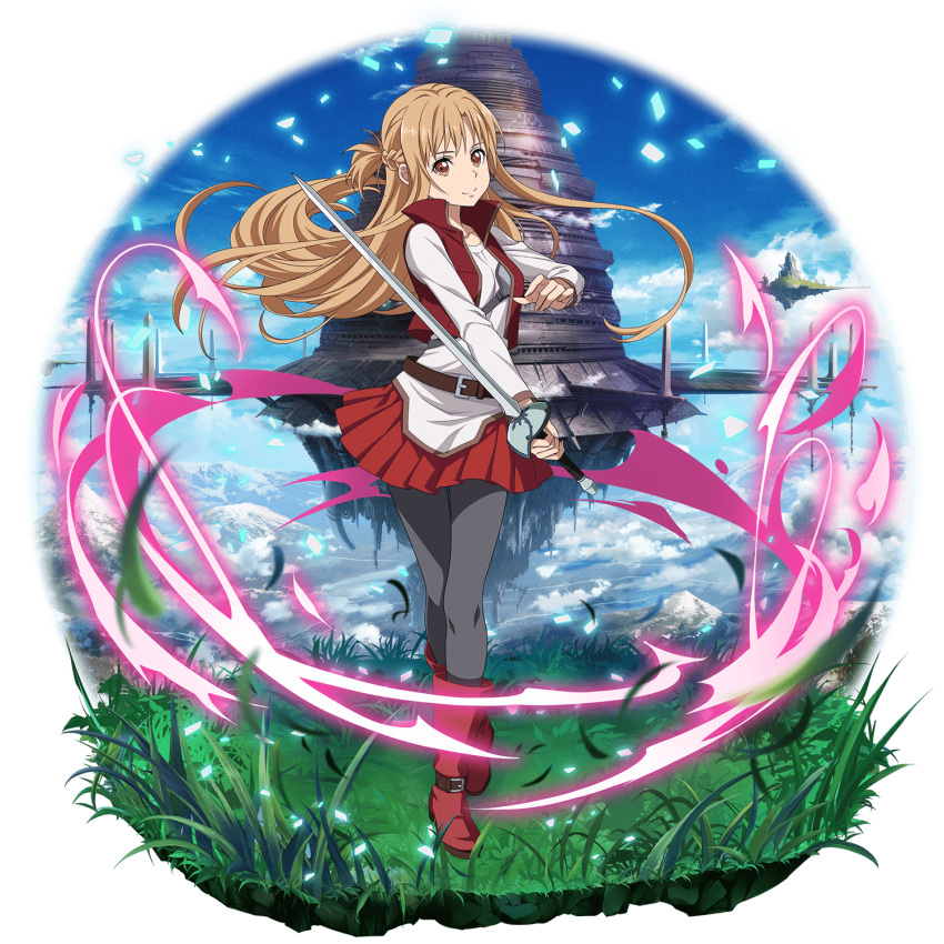 1girl aincrad asuna_(sao) bangs blue_sky boots brown_eyes closed_mouth clouds collarbone faux_figurine floating_hair floating_island full_body grass grey_legwear highres holding holding_sword holding_weapon light_brown_hair long_hair long_sleeves looking_at_viewer miniskirt official_art pantyhose pleated_skirt red_footwear red_skirt shiny shiny_hair shirt skirt sky smile solo standing sword sword_art_online sword_art_online:_memory_defrag transparent_background very_long_hair weapon white_shirt