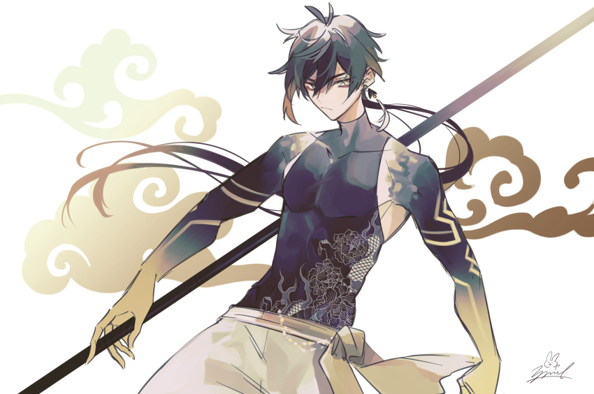 1boy absurdres arm_tattoo bangs bare_shoulders black_hair brown_hair clothing_request clouds collarbone commentary_request earrings egasumi eyebrows_visible_through_hair eyeliner eyeshadow floral_print genshin_impact gradient_hair hair_between_eyes highres holding holding_spear holding_weapon jewelry long_hair looking_at_viewer makeup male_focus multicolored_hair open_mouth polearm ponytail red_eyeshadow simple_background single_earring sleeveless solo spear tassel tassel_earrings tattoo toned toned_male weapon white_background yellow_eyes zhongli_(genshin_impact) zoo_min
