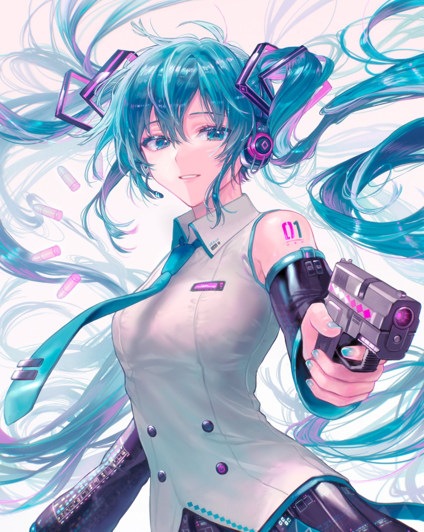 1girl bangs bare_shoulders black_skirt black_sleeves blue_eyes blue_hair blue_nails blue_neckwear breasts cartridge collared_shirt commentary_request detached_sleeves eyebrows_visible_through_hair fingernails grin gun hair_ornament handgun hatsune_miku headset highres holding holding_gun holding_weapon long_hair long_sleeves looking_at_viewer medium_breasts multicolored_hair nail_polish necktie nyam_030 pink_hair pistol shirt skirt smile solo streaked_hair twintails upper_body very_long_hair vocaloid weapon white_background white_shirt