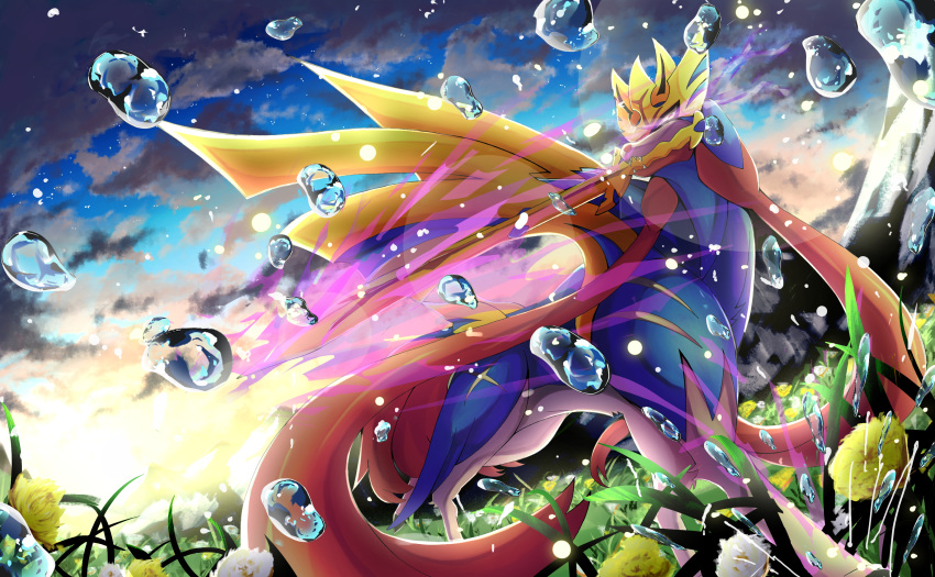 absurdres clouds commentary_request day energy flower gen_8_pokemon glowing glowing_sword glowing_weapon grass highres legendary_pokemon looking_back mouth_hold no_humans outdoors pokemon pokemon_(creature) ririri_(user_rkrv7838) sky solo standing sword water_drop weapon yellow_flower zacian zacian_(crowned)