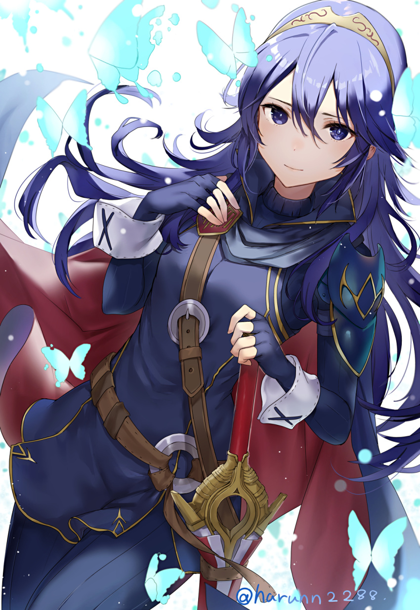 1girl armor bangs belt blue_eyes blue_gloves blue_hair blue_pants bug butterfly cape closed_mouth cowboy_shot falchion_(fire_emblem) fingerless_gloves fire_emblem fire_emblem_awakening gloves hair_between_eyes hand_on_own_chest haru_(nakajou-28) highres insect long_hair long_sleeves looking_at_viewer lucina_(fire_emblem) pants red_cape sheath sheathed shoulder_armor simple_background smile solo symbol_in_eye tiara twitter_username very_long_hair white_background