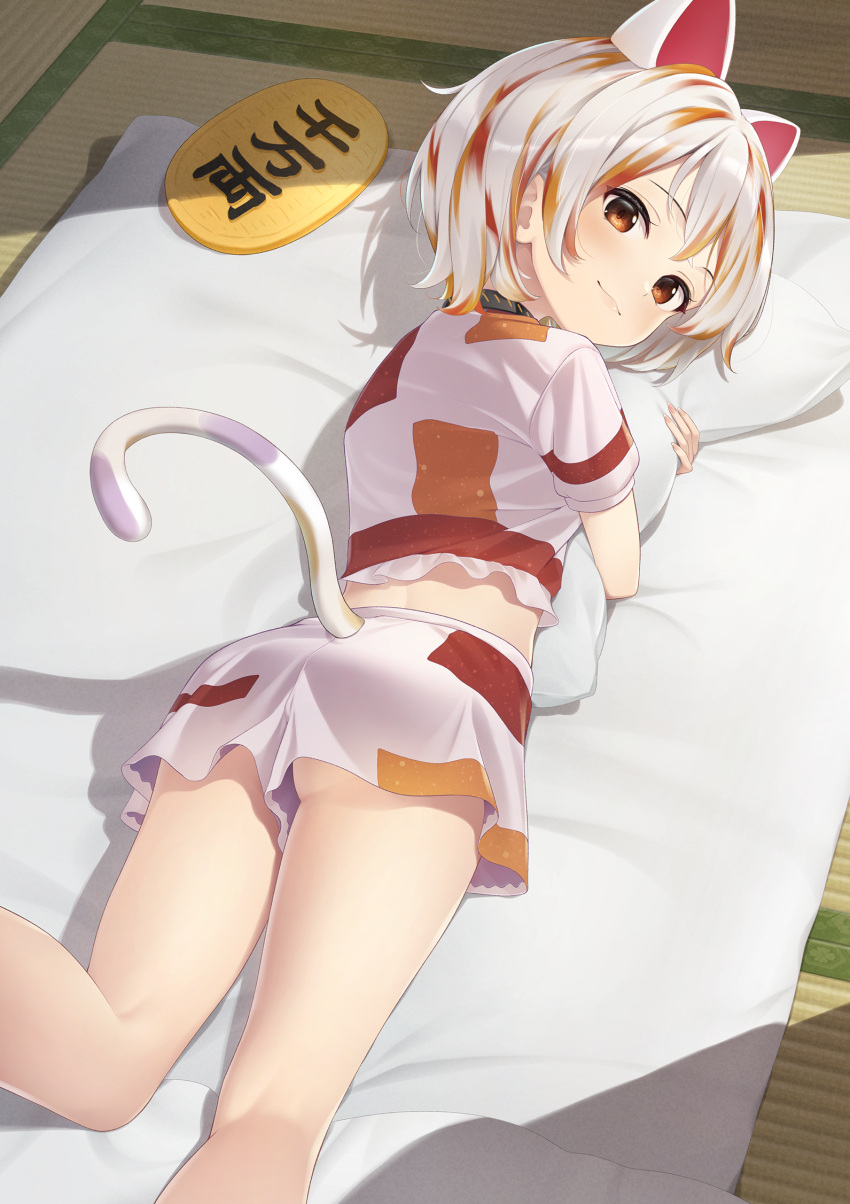 1girl animal_ears ass brown_eyes brown_hair cat_ears cat_tail commentary_request culottes goutokuji_mike highres kanpa_(campagne_9) looking_at_viewer looking_back lying midriff multicolored_hair on_stomach short_hair short_shorts short_sleeves shorts smile solo streaked_hair tail touhou white_hair