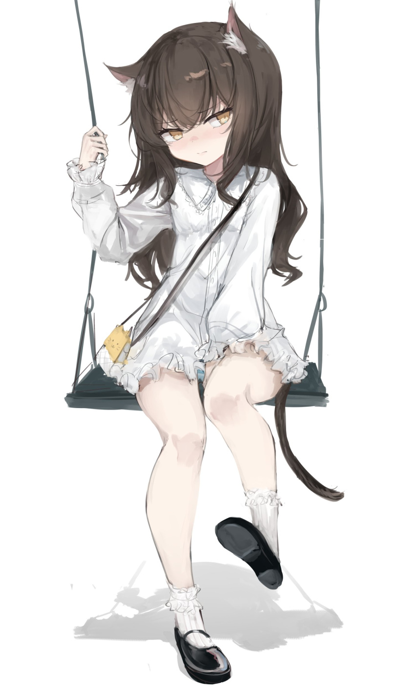 1girl 7gao absurdres animal_ear_fluff animal_ears bag between_legs brown_hair cat_ears cat_tail dress frilled_dress frilled_sleeves frills hand_between_legs handbag highres long_hair long_sleeves original sitting sketch swing tail white_dress