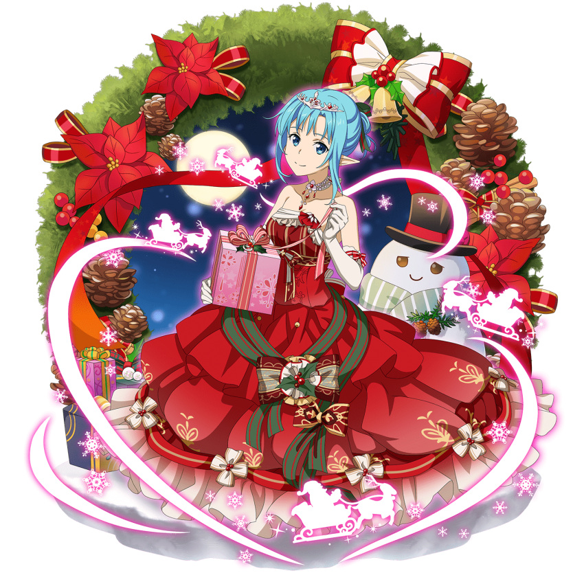 1girl asuna_(sao-alo) blue_eyes blue_hair box choker christmas closed_mouth collarbone diadem dress elbow_gloves full_body gift gift_box gloves highres holding holding_box layered_dress long_dress looking_at_viewer official_art pointy_ears red_dress shiny shiny_hair short_hair sleeveless sleeveless_dress smile solo strapless strapless_dress sword_art_online sword_art_online:_memory_defrag tied_hair transparent_background white_gloves
