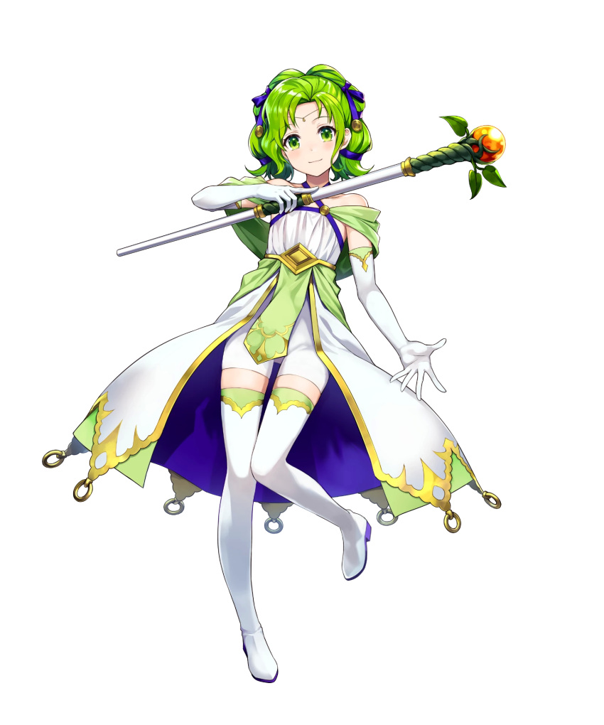 1girl amagai_tarou bangs bare_shoulders blush boots closed_mouth criss-cross_halter dress elbow_gloves fire_emblem fire_emblem:_the_sacred_stones fire_emblem_heroes full_body gloves green_eyes green_hair hair_ornament halterneck highres holding jewelry l'arachel_(fire_emblem) leg_up long_hair looking_at_viewer official_art shiny shiny_hair sleeveless smile solo staff standing thigh-highs thigh_boots tied_hair transparent_background white_footwear white_gloves