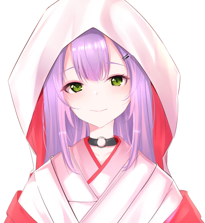 1girl black_choker blush bride choker closed_mouth dreamoon green_eyes hair_ornament hairclip highres hololive hood hood_down japanese_clothes kimono long_hair looking_at_viewer o-ring o-ring_choker purple_hair smile solo tokoyami_towa uchikake upper_body virtual_youtuber white_hood white_kimono