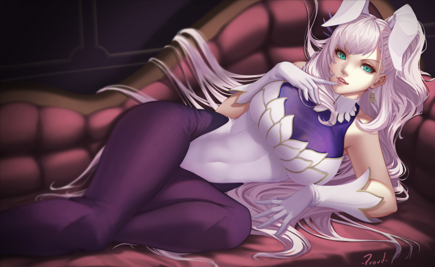 1girl animal_ears bangs bare_shoulders black_legwear couch covered_navel english_commentary engrish_commentary finger_to_mouth gloves green_eyes highres hololive hololive_indonesia leotard long_hair looking_at_viewer pantyhose parted_lips pavolia_reine playboy_bunny rabbit_ears reclining silver_hair solo timoteo_de_carvalho two-tone_leotard virtual_youtuber white_gloves white_leotard