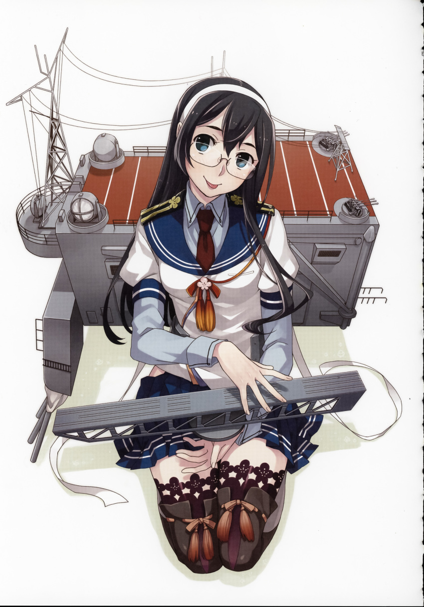 1girl :p aircraft_catapult black_hair breasts cannon fujikawa full_body glasses green_eyes hairband highres hip_vent kantai_collection kneeling lace-trimmed_legwear lace_trim legs long_hair machinery medium_breasts necktie official_art ooyodo_(kancolle) radio_antenna ribbon scan scan_artifacts school_uniform seiza semi-rimless_eyewear serafuku sitting thigh-highs tongue tongue_out turret white_background white_ribbon