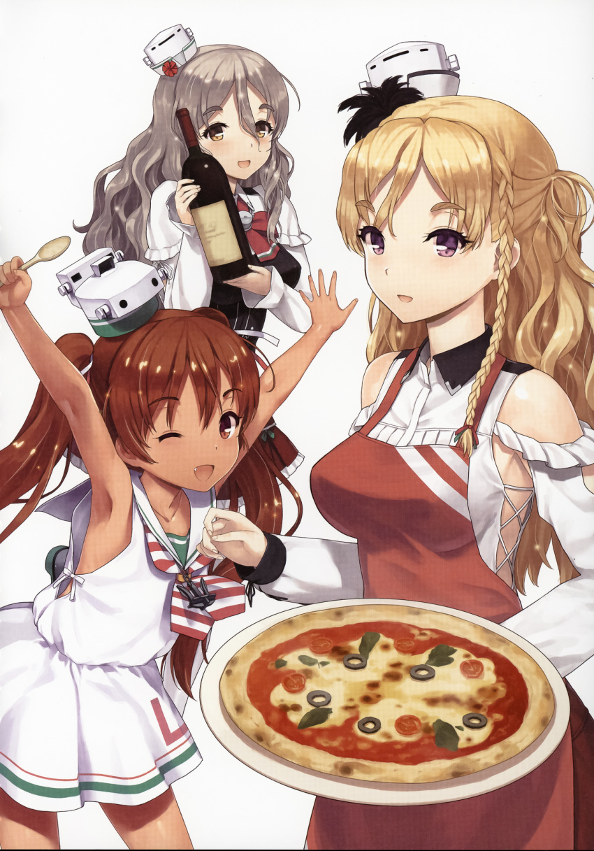 3girls ;d apron armpits arms_up bare_shoulders blonde_hair bottle braid breasts brown_eyes brown_hair corset dark_skin dark-skinned_female dress fang food french_braid grey_hair hair_ribbon hat highres holding holding_food holding_pizza jiji kantai_collection large_breasts libeccio_(kancolle) long_hair looking_at_viewer mini_hat multiple_girls official_art one_eye_closed open_mouth pizza pola_(kancolle) remodel_(kantai_collection) ribbon sailor_dress shirt sideboob silver_hair skirt sleeveless smile spoon tan tilted_headwear twintails violet_eyes wavy_hair white_shirt white_skirt wine_bottle yellow_eyes zara_(kancolle)