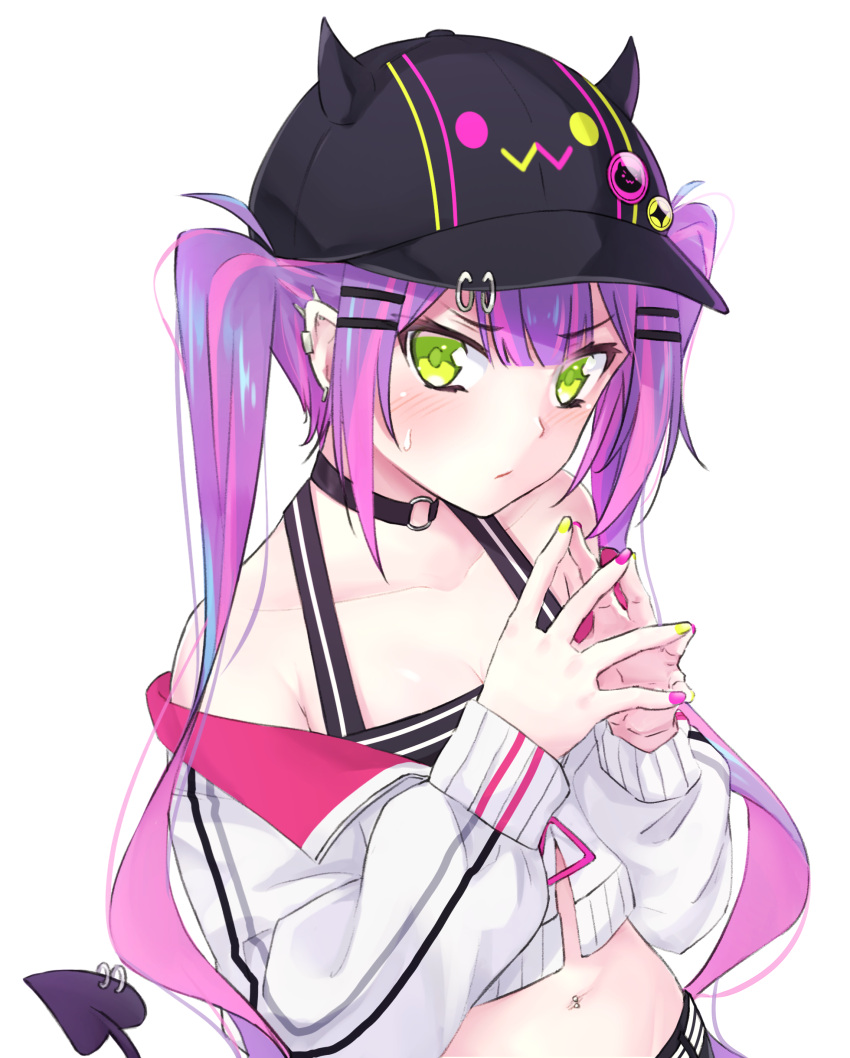 1girl absurdres bangs bare_shoulders baseball_cap black_headwear blush closed_mouth collarbone crop_top demon_tail ear_piercing eyebrows_visible_through_hair fake_horns green_eyes hair_ornament hairclip hands_up hat highres hololive horned_headwear horns jacket len_cordova long_hair long_sleeves looking_at_viewer midriff multicolored multicolored_hair multicolored_nails nail_polish navel navel_piercing off_shoulder piercing pink_hair purple_hair purple_nails simple_background sleeves_past_wrists solo steepled_fingers streaked_hair tail tail_ornament tail_piercing tokoyami_towa twintails very_long_hair virtual_youtuber white_background white_jacket yellow_nails