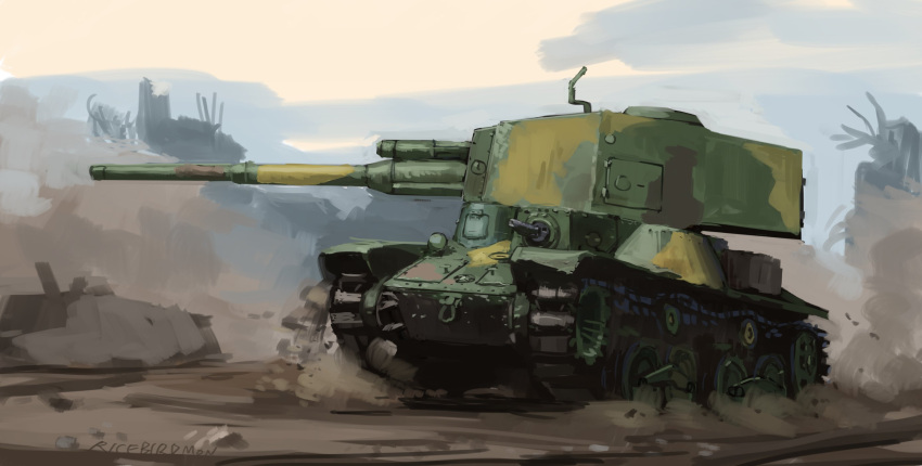 artist_name dust from_side ground_vehicle highres hozumi_(ouchan) military military_vehicle motor_vehicle no_humans original rubble science_fiction tank tank_focus tank_turret vehicle_focus vehicle_request
