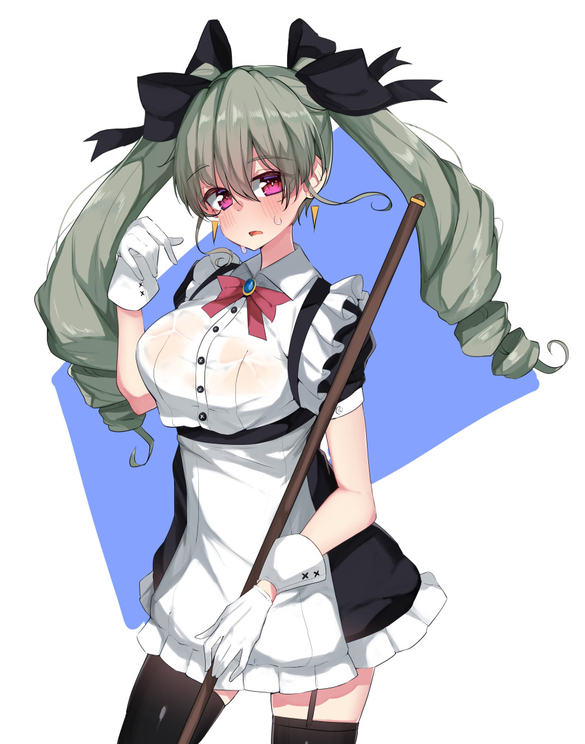 1girl absurdres alternate_costume anchovy_(girls_und_panzer) antyobi0720 black_bow black_legwear blush bow breasts drill_hair earrings eyebrows_visible_through_hair garter_straps girls_und_panzer gloves green_hair hair_bow highres jewelry large_breasts long_hair looking_at_viewer maid pink_eyes red_bow short_sleeves solo sweat thigh-highs twin_drills wet wet_clothes white_gloves wrist_cuffs