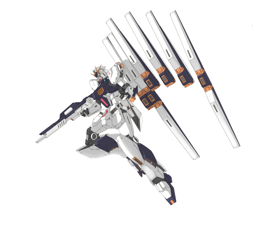 absurdres beam_rifle blue_eyes char's_counterattack clenched_hand energy_gun floating gun gundam highres holding holding_gun holding_weapon looking_down mecha mobile_suit no_humans nu_gundam science_fiction solo takahashi_masaki v-fin weapon