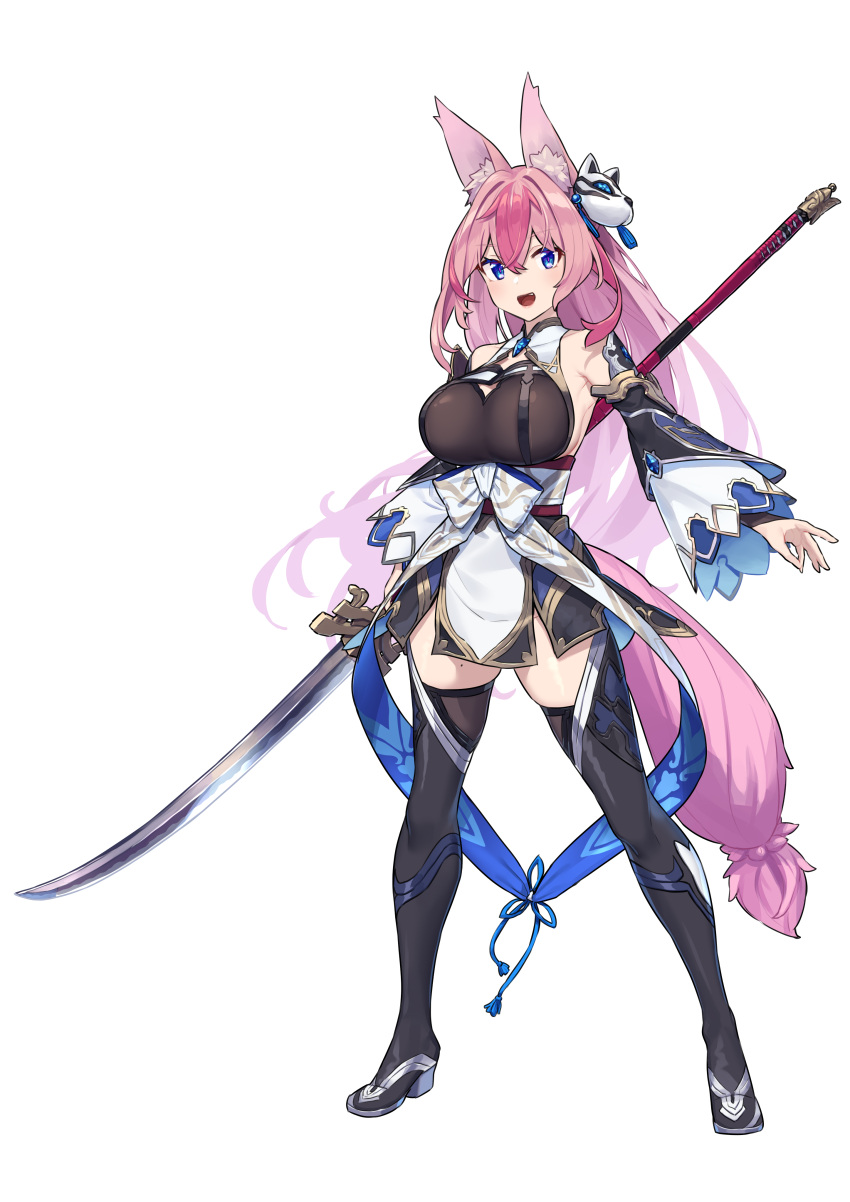 1girl absurdres animal_ears baffu bare_shoulders blue_eyes breasts commentary_request detached_sleeves eyebrows_visible_through_hair fox_ears fox_girl fox_tail full_body hair_between_eyes hanayono_menora highres holding holding_polearm holding_weapon indie_virtual_youtuber large_breasts long_hair looking_at_viewer mole mole_on_thigh open_mouth pink_hair polearm simple_background solo standing tail thigh-highs tongue very_long_hair virtual_youtuber weapon white_background