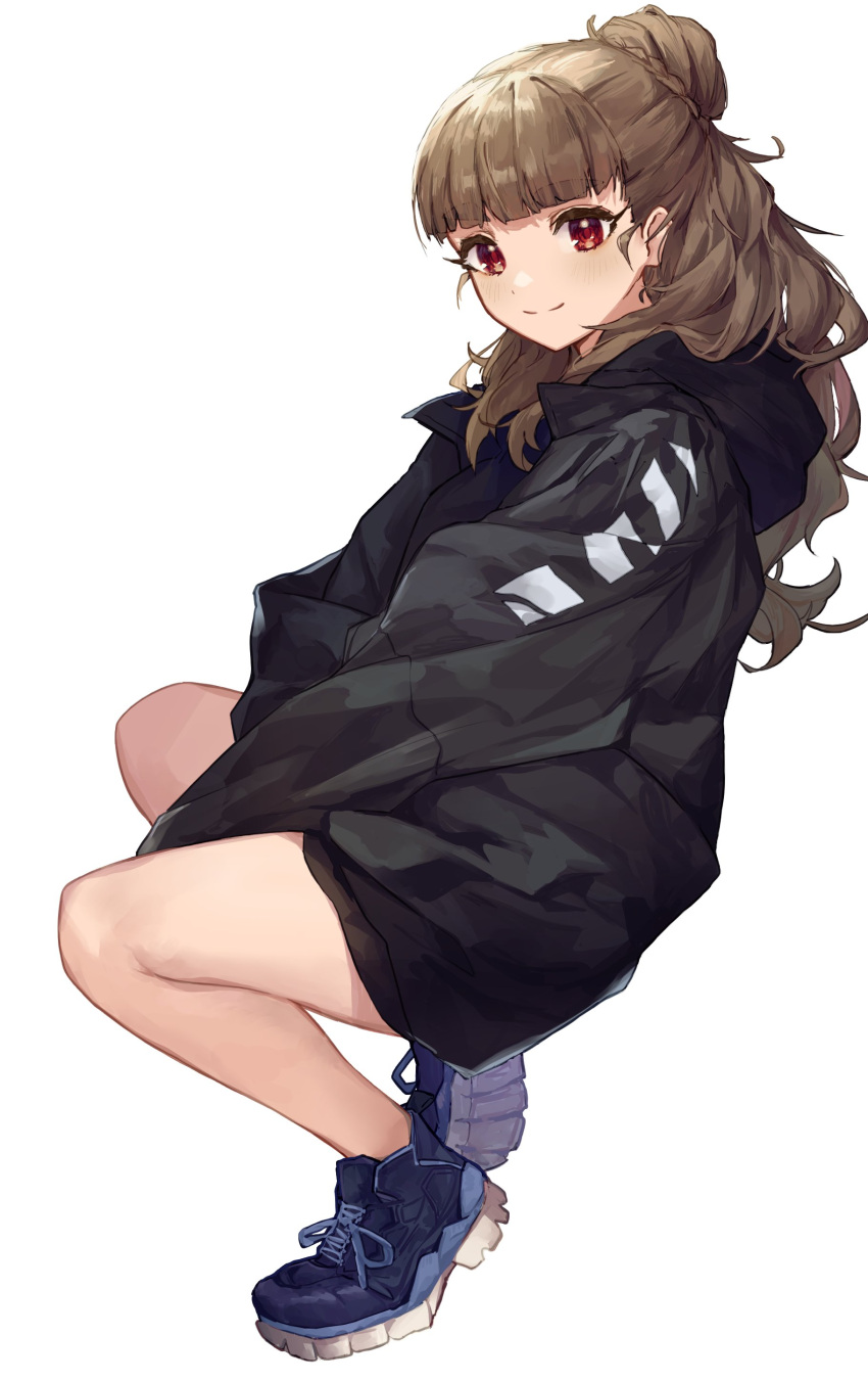 1girl absurdres bangs bare_legs between_legs black_jacket blunt_bangs blush braid braided_bun brown_hair eyebrows_visible_through_hair hair_bun hand_between_legs highres idolmaster idolmaster_cinderella_girls jacket kamiya_nao long_hair looking_at_viewer looking_to_the_side open_clothes open_jacket oversized_clothes red_eyes shino_sto shoes simple_background smile sneakers solo squatting thick_eyebrows white_background