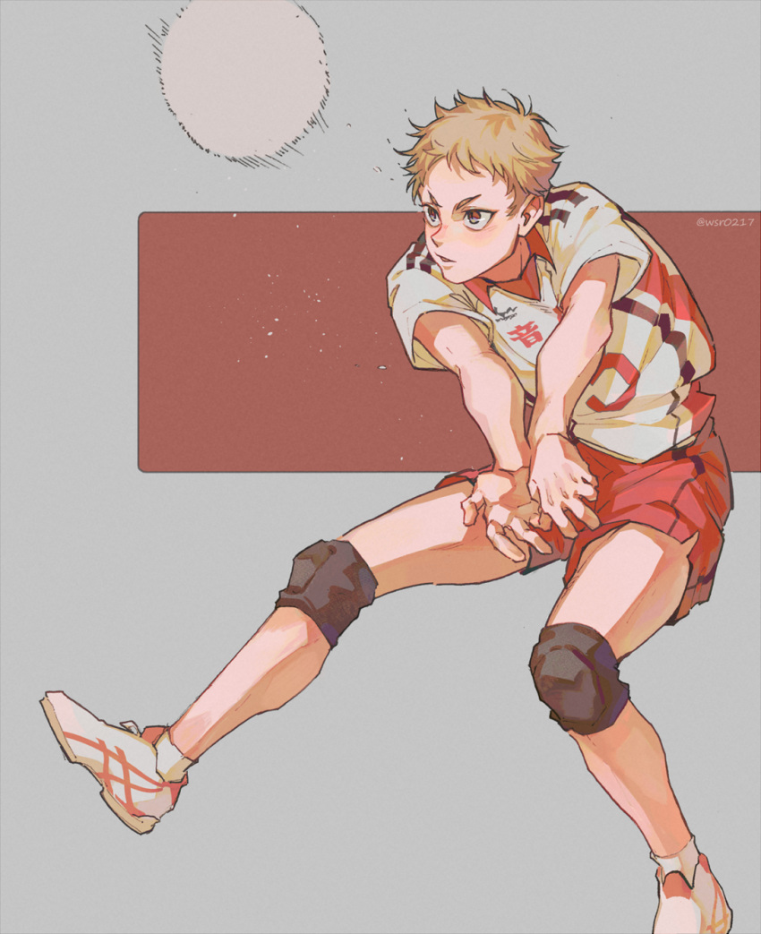 1boy bangs blonde_hair brown_hair grey_background haikyuu!! highres looking_away male_focus simple_background solo sportswear standing twitter_username volleyball volleyball_uniform wsr_cao_rong_rong yaku_morisuke
