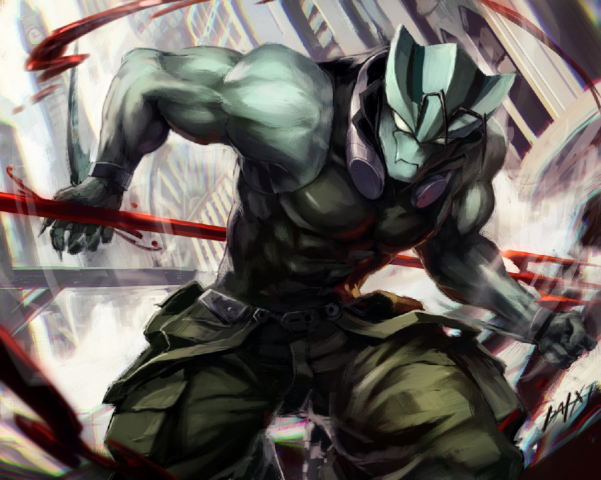 1boy antennae artist_name bare_arms bare_shoulders black_tank_top blank_eyes blood building cargo_pants claws clenched_hand clock clock_tower closed_mouth colored_skin commentary_request covered_abs dai-xt fins green_pants green_skin hip_strap holding holding_polearm holding_weapon kekkai_sensen looking_at_viewer male_focus monster_boy muscular muscular_male pants pectorals polearm skin_tight sleeveless solo tank_top tower trident weapon wristband zed_o'_brien