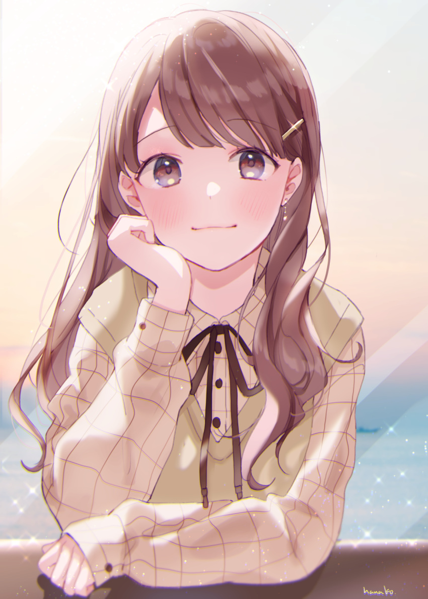 1girl bangs black_neckwear blue_eyes blurry blurry_background blush boat brown_hair brown_shirt closed_mouth collared_shirt earrings hair_ornament hairclip hanako151 hand_on_own_face highres jewelry lips long_hair long_sleeves looking_at_viewer neck_ribbon original ribbon shirt sitting smile solo table water watercraft window