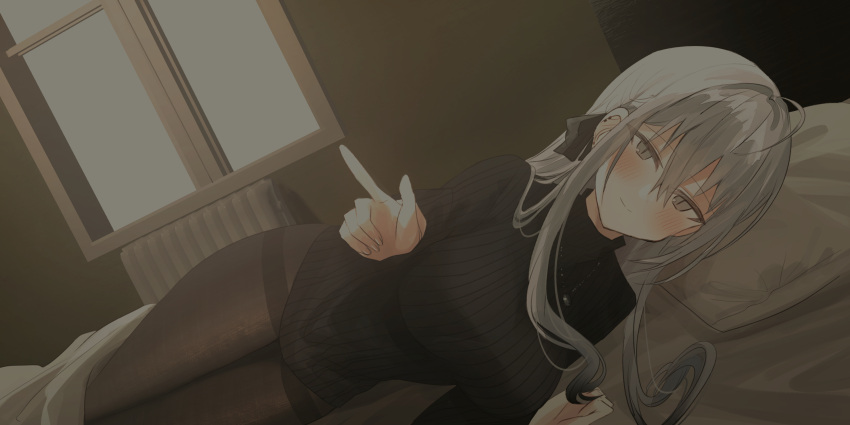 1girl black_bow black_sweater bow breasts brown_legwear chihuri closed_mouth commentary_request dutch_angle ear_piercing grey_eyes grey_hair hair_bow highres long_hair long_sleeves looking_at_viewer medium_breasts no_pants on_bed original pantyhose piercing radiator ribbed_sweater smile solo sweater thighband_pantyhose under_covers window yuri zoya_petrovna_vecheslova