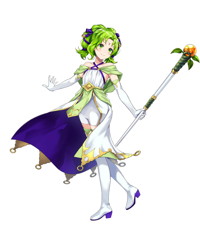 1girl amagai_tarou bangs bare_shoulders boots closed_mouth collarbone criss-cross_halter dress elbow_gloves fire_emblem fire_emblem:_the_sacred_stones fire_emblem_heroes full_body gloves green_eyes green_hair hair_ornament halterneck highres holding jewelry l'arachel_(fire_emblem) long_hair looking_away official_art shiny shiny_hair sleeveless smile solo staff thigh-highs thigh_boots tied_hair transparent_background white_footwear white_gloves