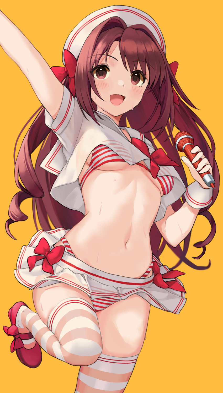 alternate_costume armpits bikini bow breasts brown_hair hat highres kirarin369 loafers long_hair microphone midriff miniskirt navel panties red_panties sailor_collar sailor_hat see-through shimamura_uzuki shoes skirt striped striped_bikini striped_legwear swimsuit underwear wet