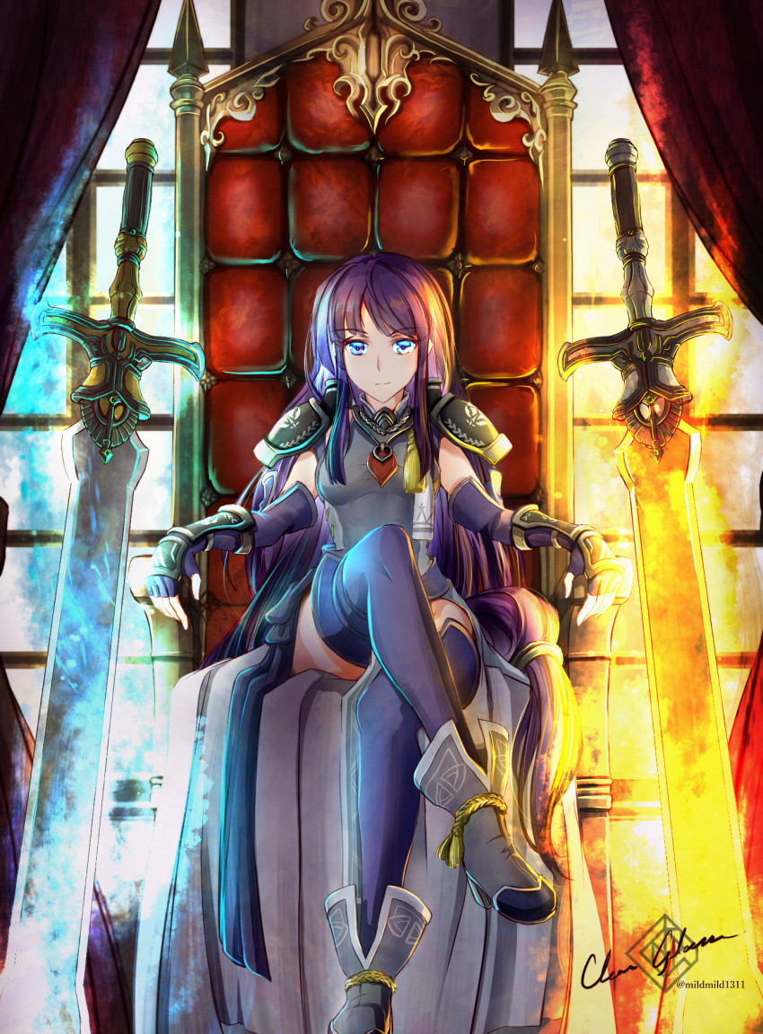 1girl abs alondite altina arm_guards armor artist_name blue_eyes blue_legwear boots clear_glass_(mildmild1311) crossed_legs fingerless_gloves fire_emblem fire_emblem:_radiant_dawn fire_emblem_heroes gloves glowing glowing_weapon highres huge_weapon indoors long_hair ragnell shoulder_armor signature sitting smile solo sword throne twitter_username violet_eyes weapon window