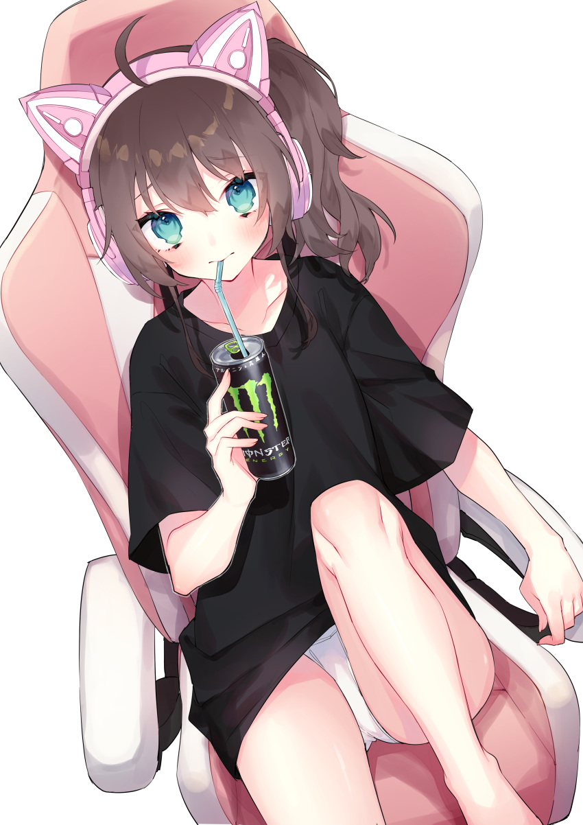 1girl absurdres ahoge animal_ears bangs barefoot bendy_straw black_shirt blue_eyes brown_hair can cat_ear_headphones chair chiyomaru_(yumichiyo0606) collarbone drinking_straw energy_drink eyebrows_visible_through_hair fake_animal_ears feet_out_of_frame hair_between_eyes hand_up headphones highres holding holding_can hololive looking_at_viewer monster_energy natsuiro_matsuri office_chair on_chair panties shirt short_sleeves side_ponytail simple_background sitting solo underwear virtual_youtuber white_background white_panties