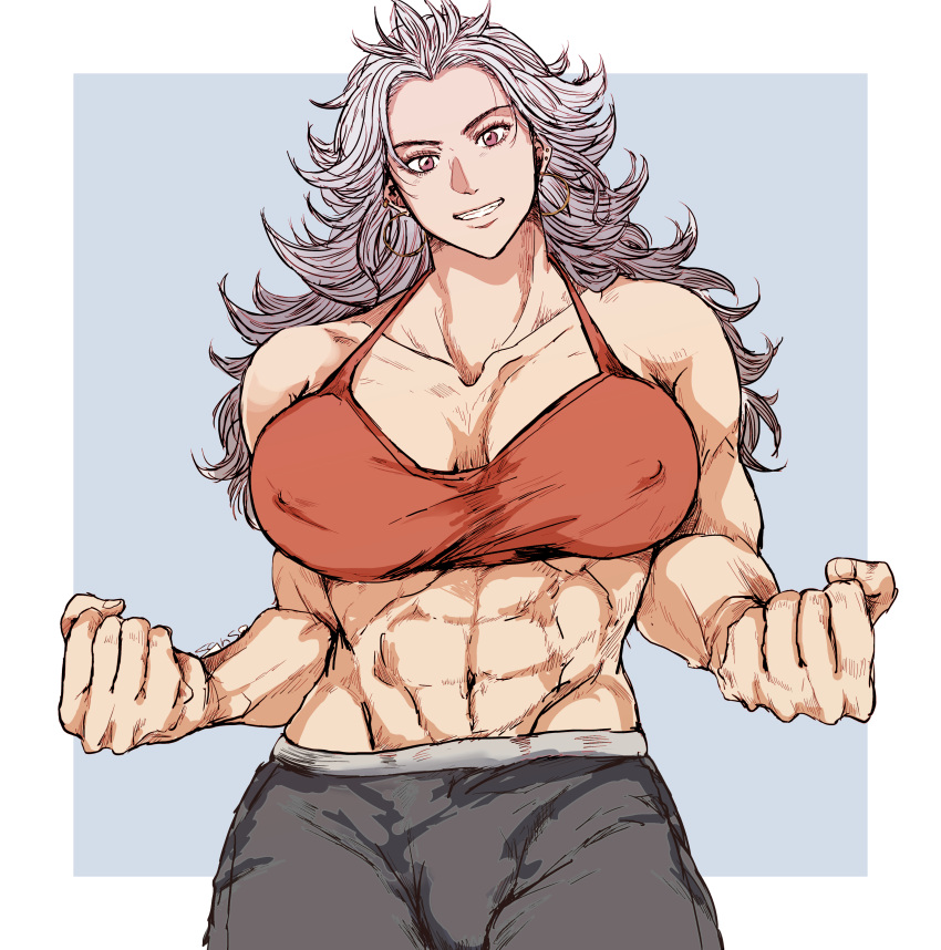 1girl abs absurdres breasts dorohedoro earrings highres jewelry large_breasts long_hair looking_at_viewer muscular muscular_female noi_(dorohedoro) open_mouth red_eyes sanso_74 simple_background smile solo tank_top white_hair