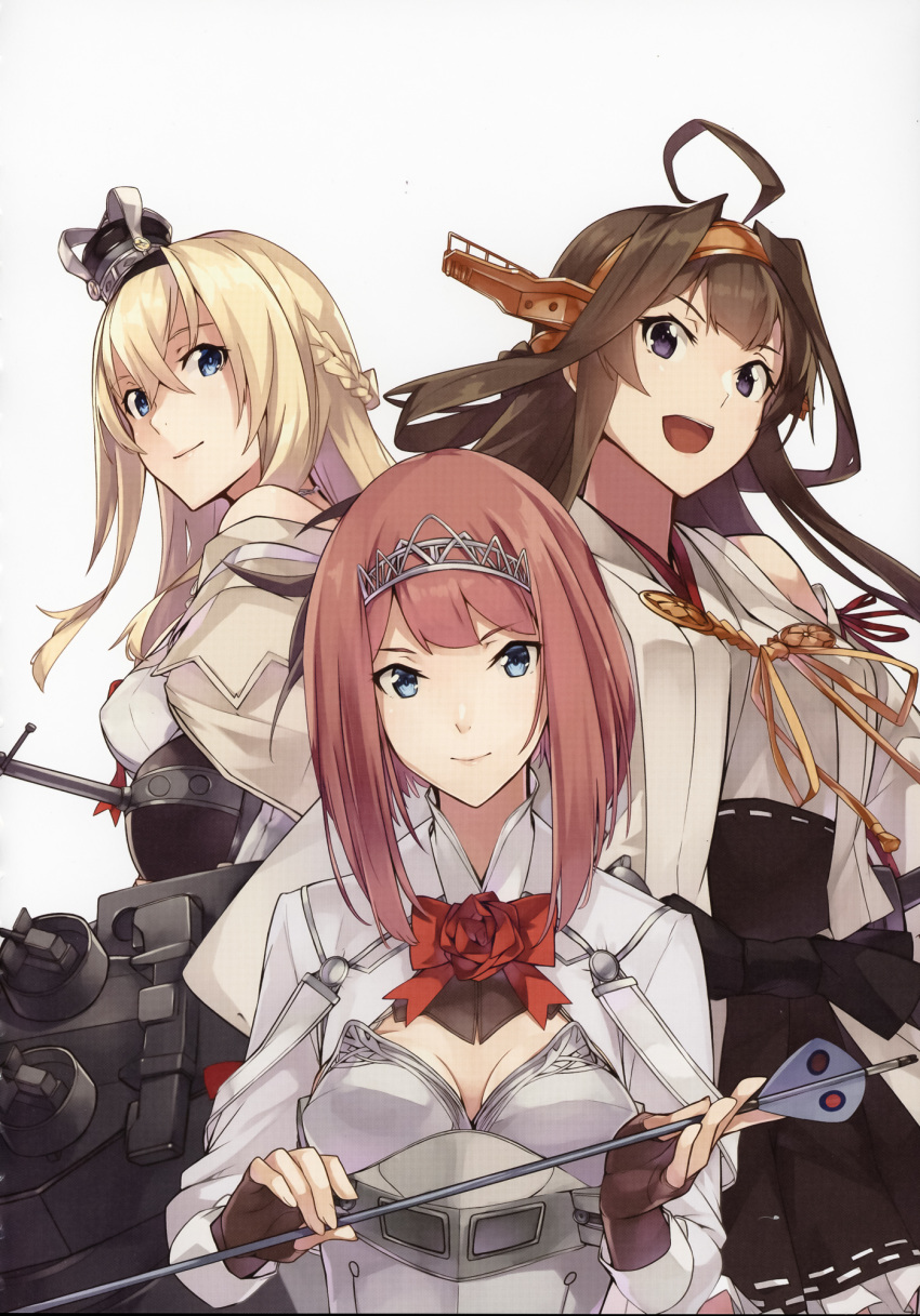 3girls ahoge ark_royal_(kancolle) arrow_(projectile) bangs blonde_hair blue_eyes blunt_bangs bob_cut braid breasts brown_hair character_name cleavage_cutout clothing_cutout corset crown detached_sleeves double_bun dress fingerless_gloves flower french_braid gloves hair_between_eyes hairband headgear highres inverted_bob japanese_clothes jewelry kantai_collection kongou_(kancolle) konishi_(koconatu) large_breasts long_hair long_sleeves looking_at_viewer machinery mini_crown multiple_girls necklace nontraditional_miko off-shoulder_dress off_shoulder ranguage red_flower red_ribbon red_rose redhead remodel_(kantai_collection) ribbon ribbon-trimmed_sleeves ribbon_trim rose scan scan_artifacts scepter short_hair tiara tsurime upper_body violet_eyes warspite_(kancolle) white_background white_corset white_dress