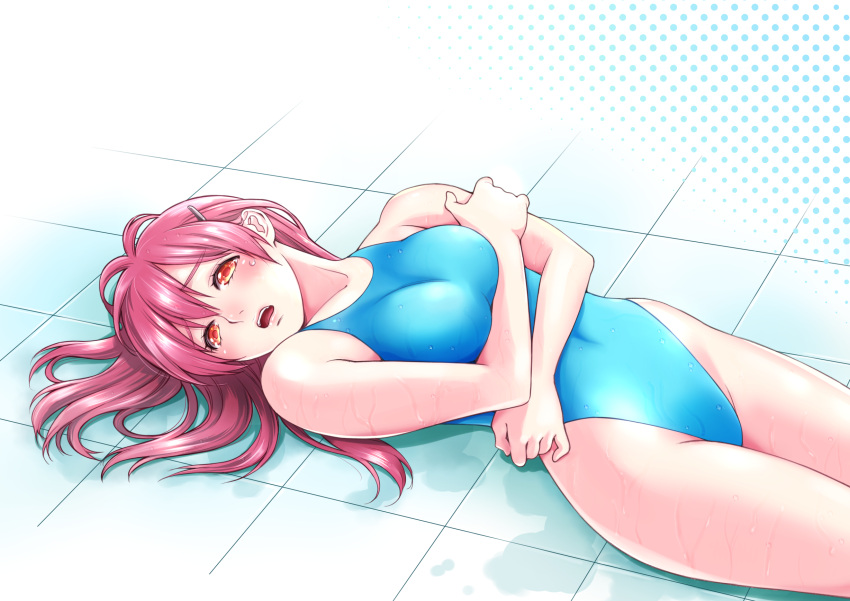1girl blue_swimsuit breasts commentary_request competition_swimsuit covered_navel cowboy_shot crossed_arms hair_ornament hairclip highres long_hair lying macosee medium_breasts one-piece_swimsuit original red_eyes redhead solo swimsuit tears tile_floor tiles