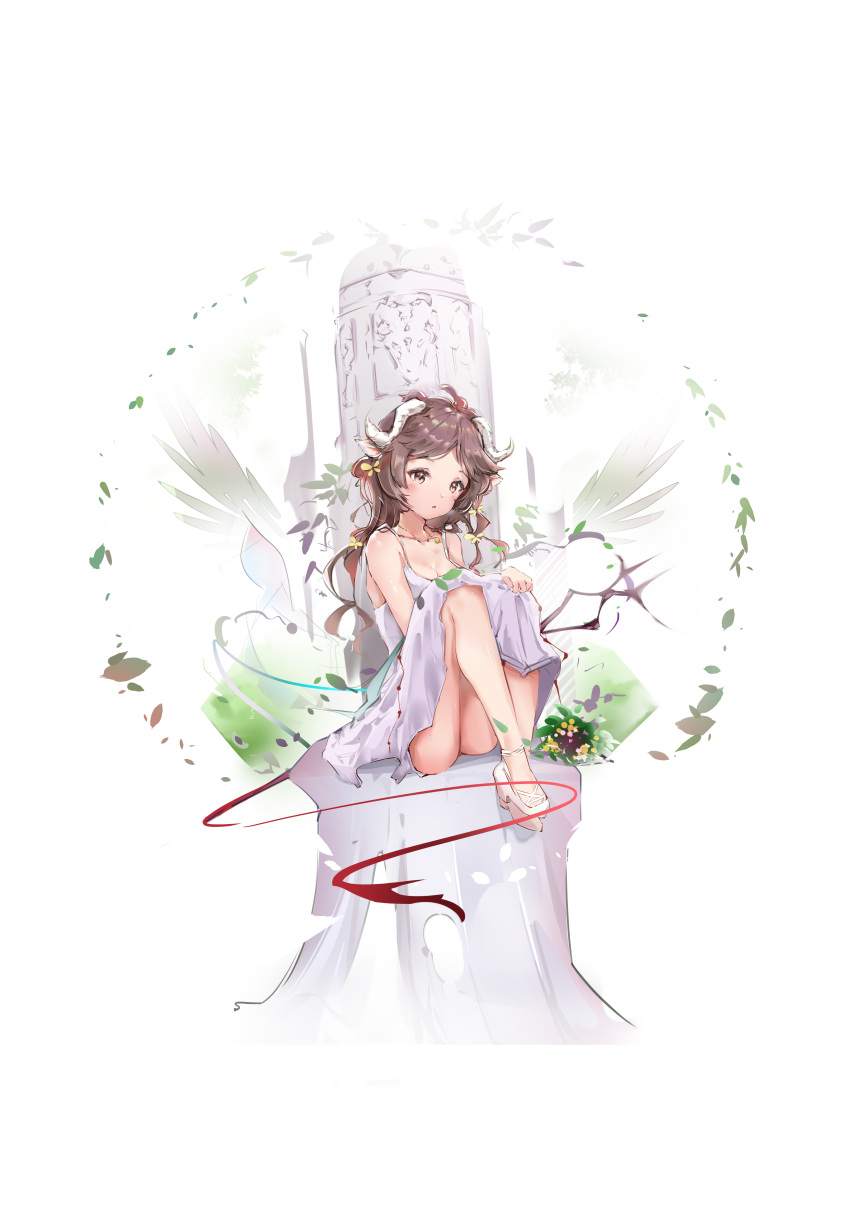 1girl absurdres animal_ears arknights bare_shoulders brown_hair commentary_request dress eyjafjalla_(arknights) highres horns knees_up long_hair looking_at_viewer scup sheep_ears sheep_horns short_dress simple_background sitting sleeveless sleeveless_dress solo spaghetti_strap white_background white_dress white_footwear