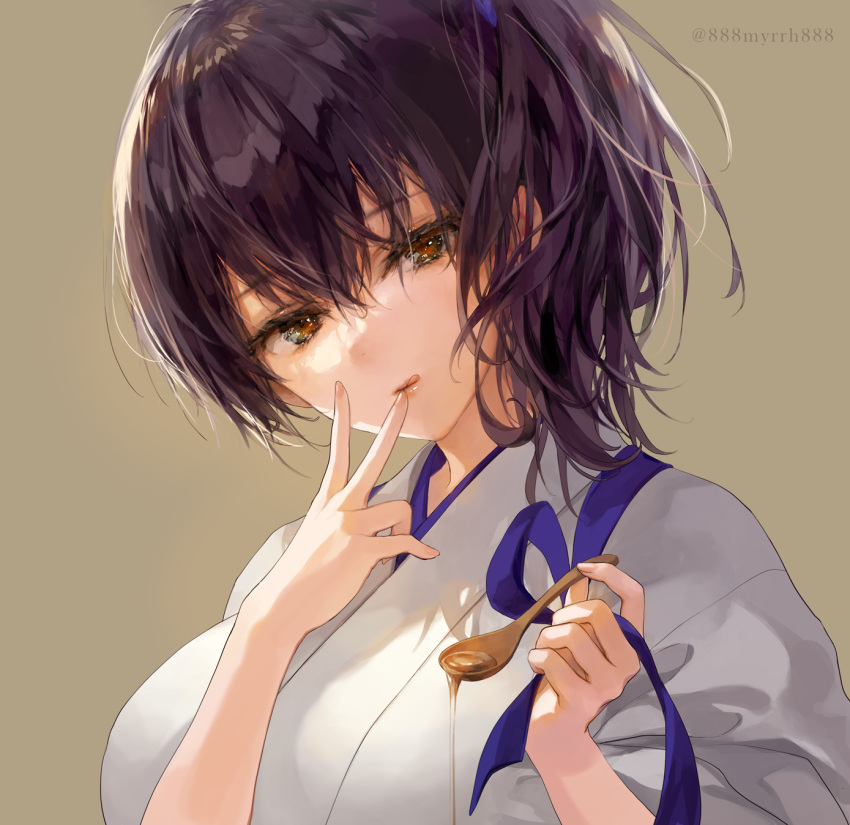 1girl 888myrrh888 breasts brown_background brown_eyes brown_hair eyebrows_visible_through_hair fingernails hair_between_eyes highres holding holding_spoon japanese_clothes kaga_(kancolle) kantai_collection large_breasts lips long_hair side_ponytail simple_background solo spoon tasuki tongue tongue_out twitter_username upper_body