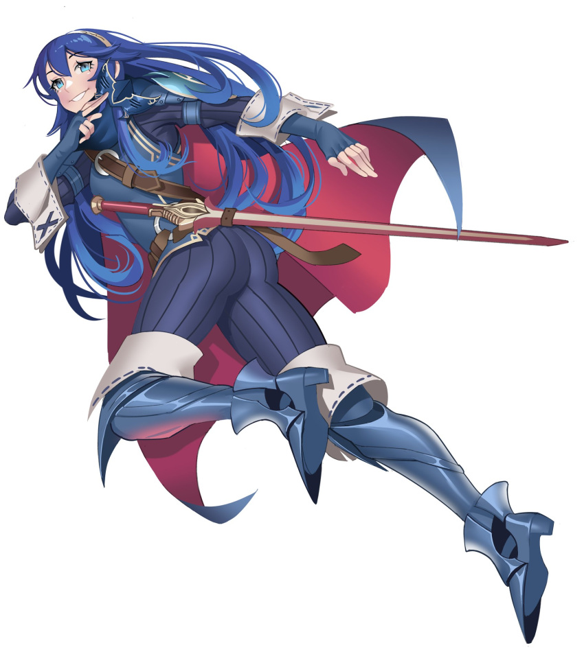 1girl ass bangs blue_cape blue_eyes blue_footwear blue_gloves blue_pants boots breasts cape commission daniaeru falchion_(fire_emblem) fantasy fingerless_gloves fire_emblem fire_emblem_awakening from_side gloves hair_between_eyes highres holding holding_mask long_hair looking_at_viewer lucina_(fire_emblem) mask mask_removed medium_breasts metal_boots pants sheath sheathed smile solo white_background